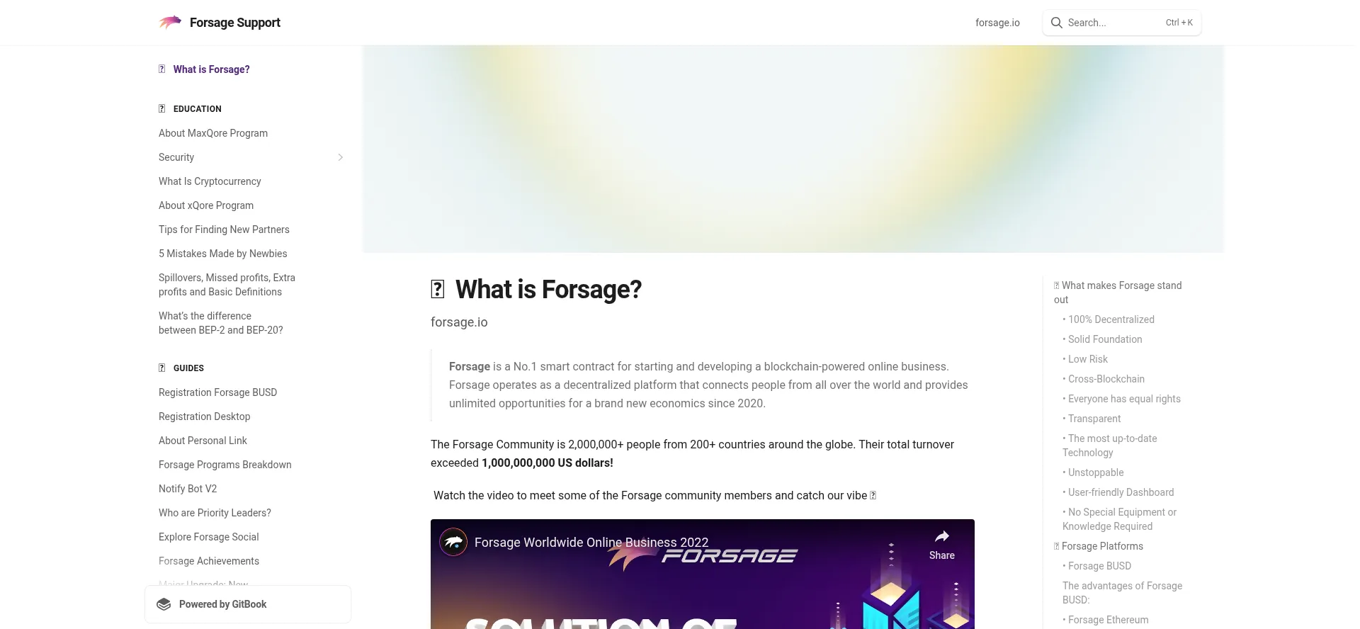 Website screenshot of Support.forsage.io
