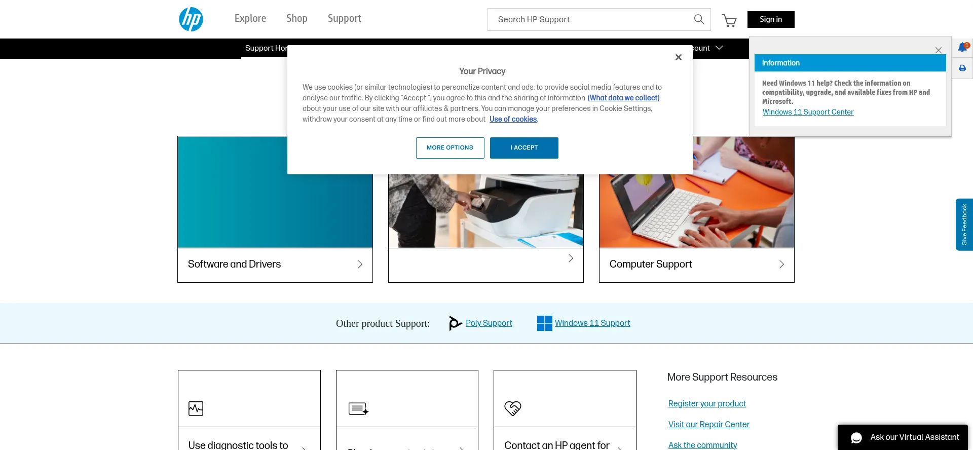 Website screenshot of Support.hp.com