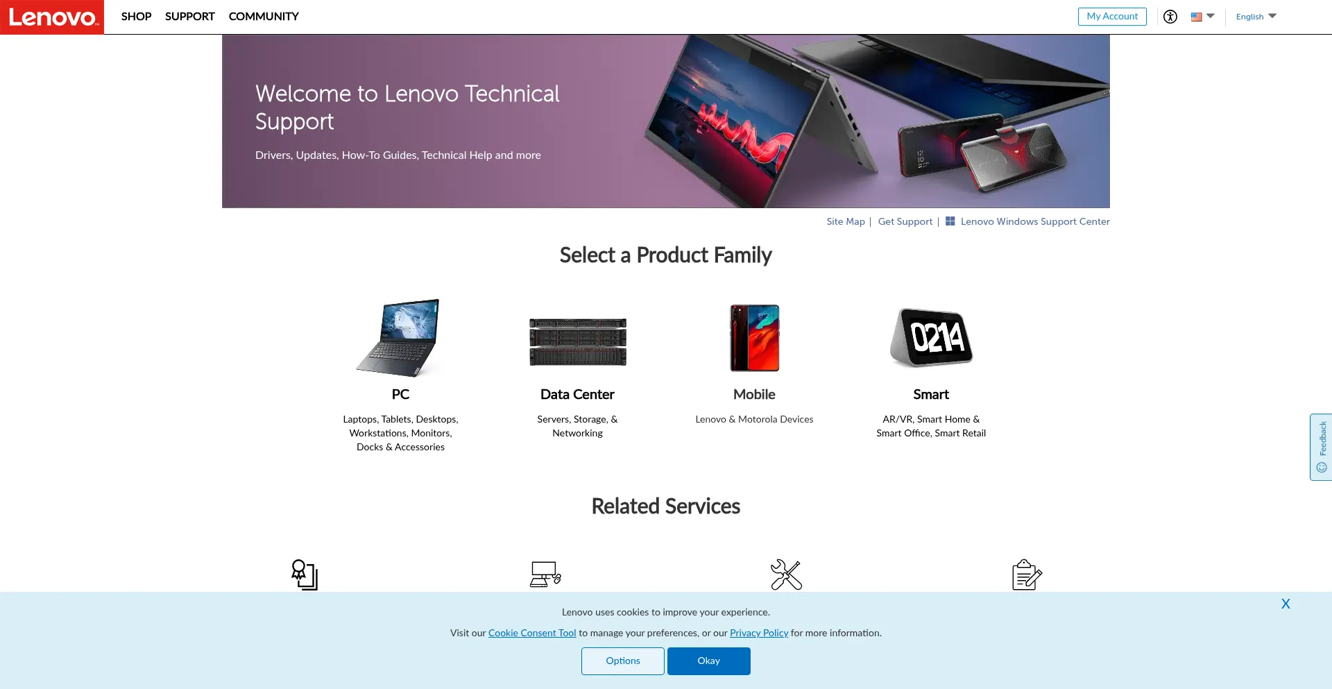 Website screenshot of Support.lenovo.com