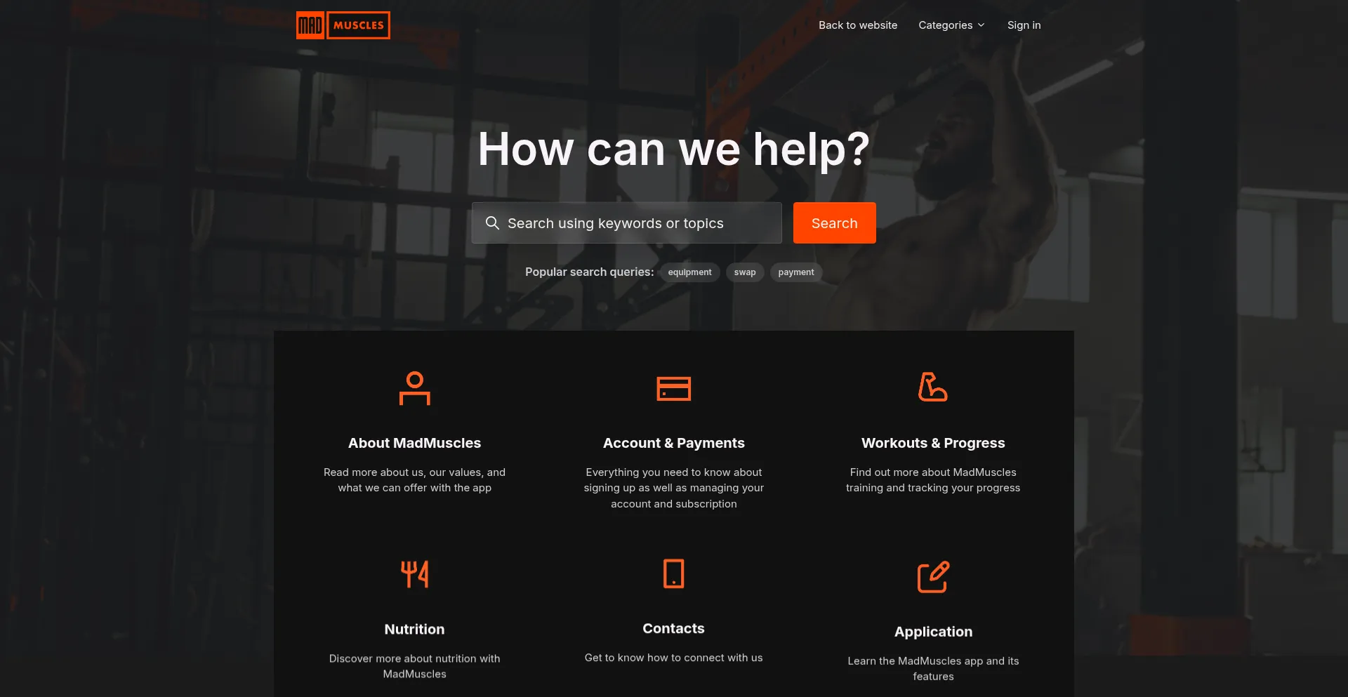 Website screenshot of Support.madmuscles.com
