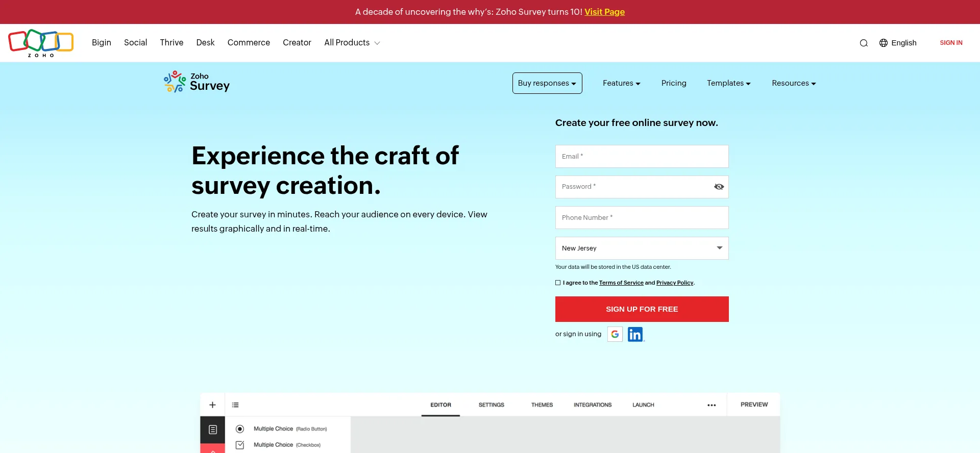Website screenshot of Survey.zohopublic.eu