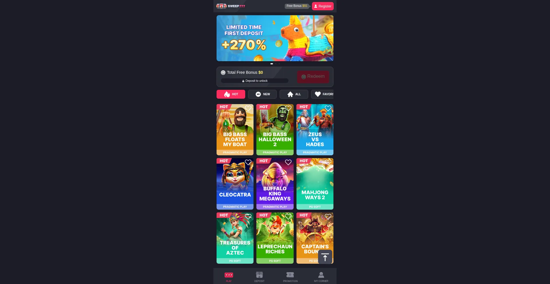Website screenshot of Sweep777.com