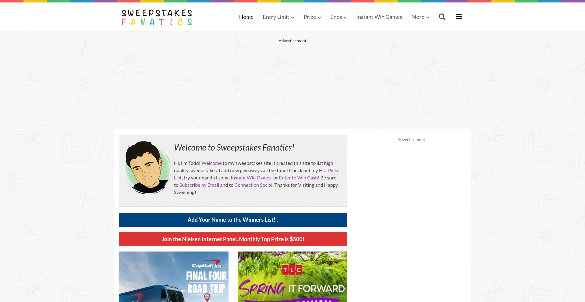 Website screenshot of Sweepstakesfanatics.com