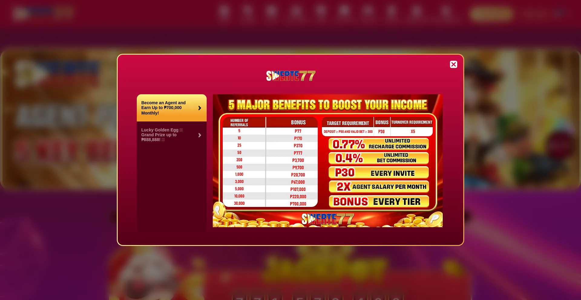 Website screenshot of Swerte77vip2.com