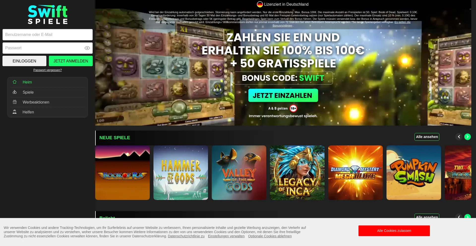 Website screenshot of Swiftspiele.de