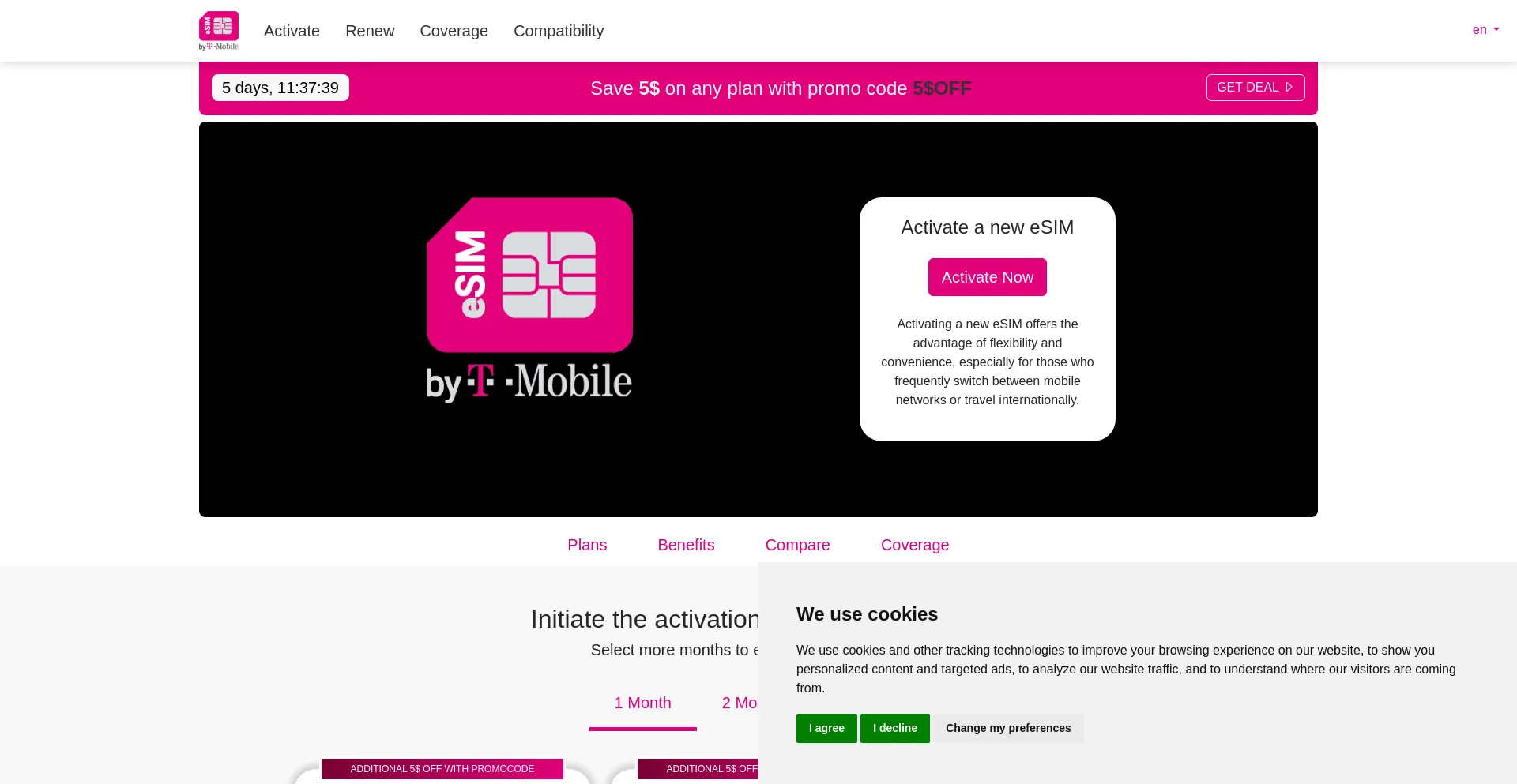 Website screenshot of T-esim.us