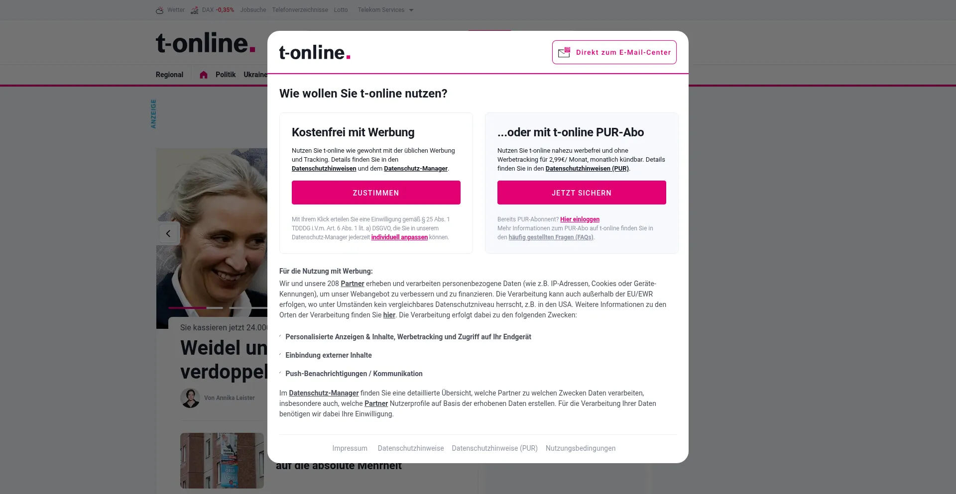 Website screenshot of T-online.de