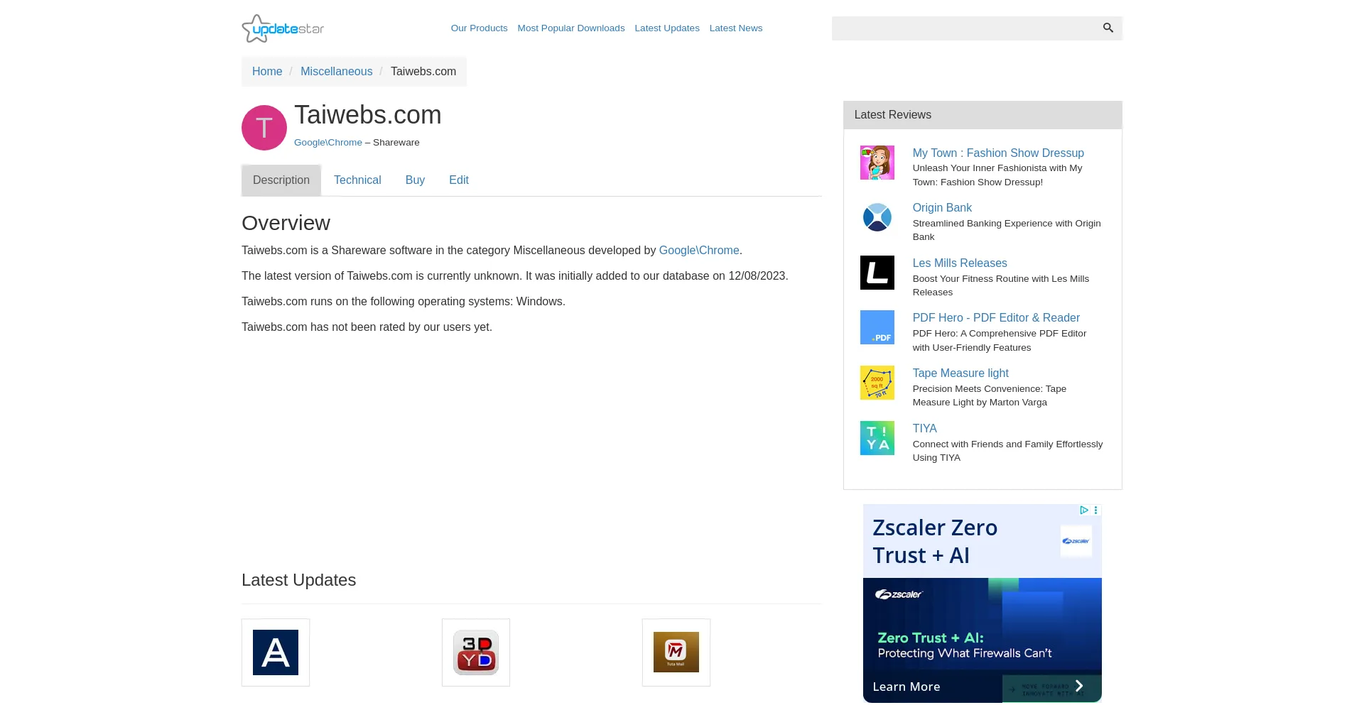 Website screenshot of Taiwebs-com.updatestar.com