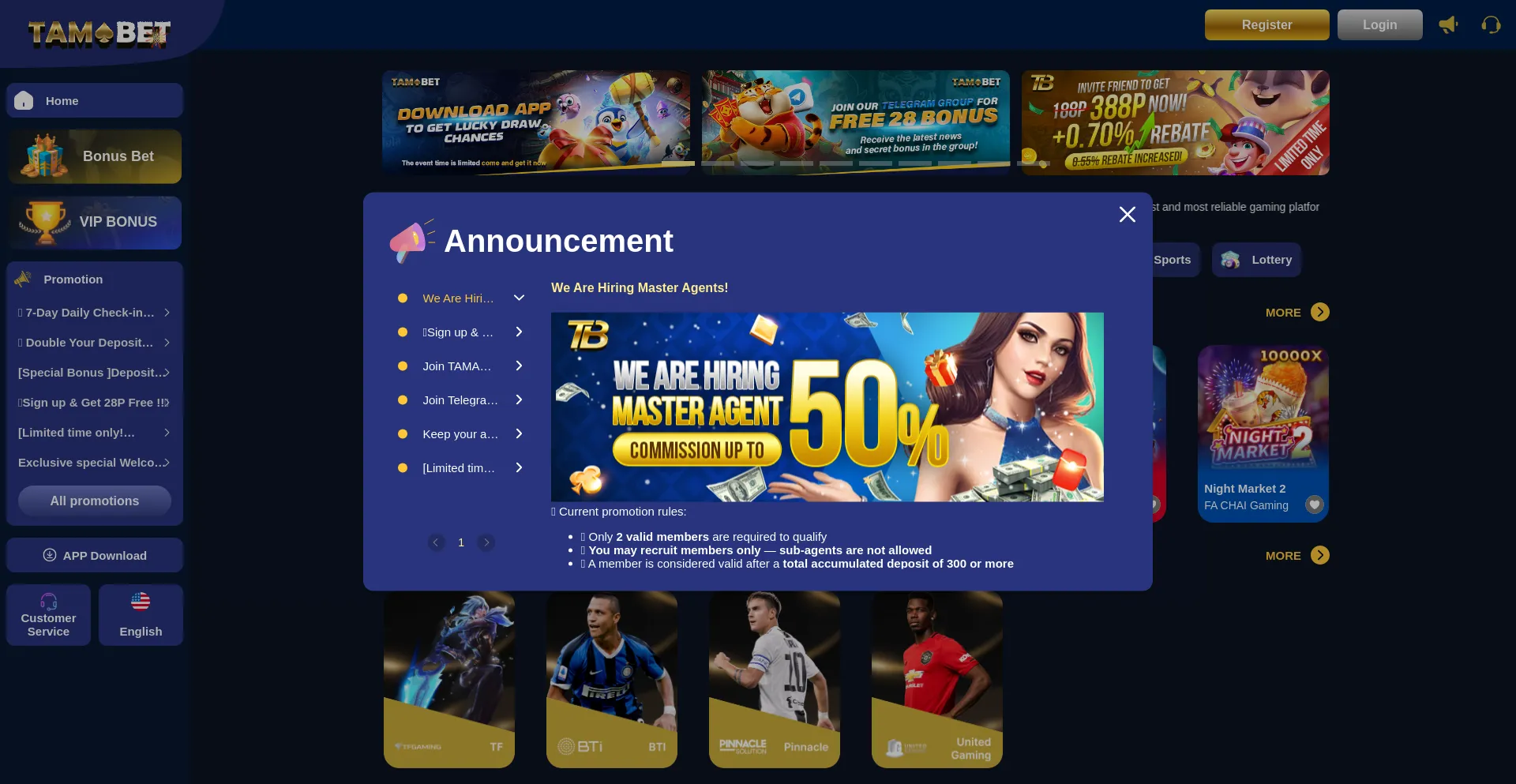 Website screenshot of Tamabet.asia