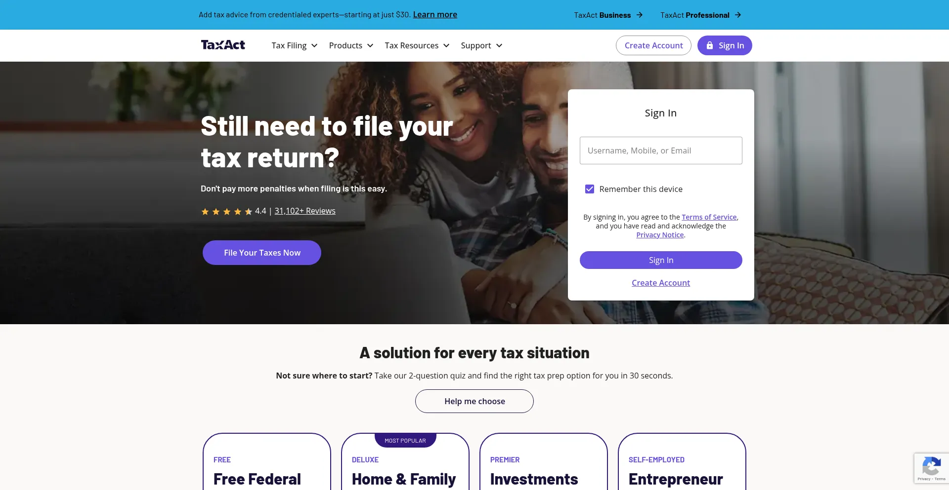 Website screenshot of Taxact.com