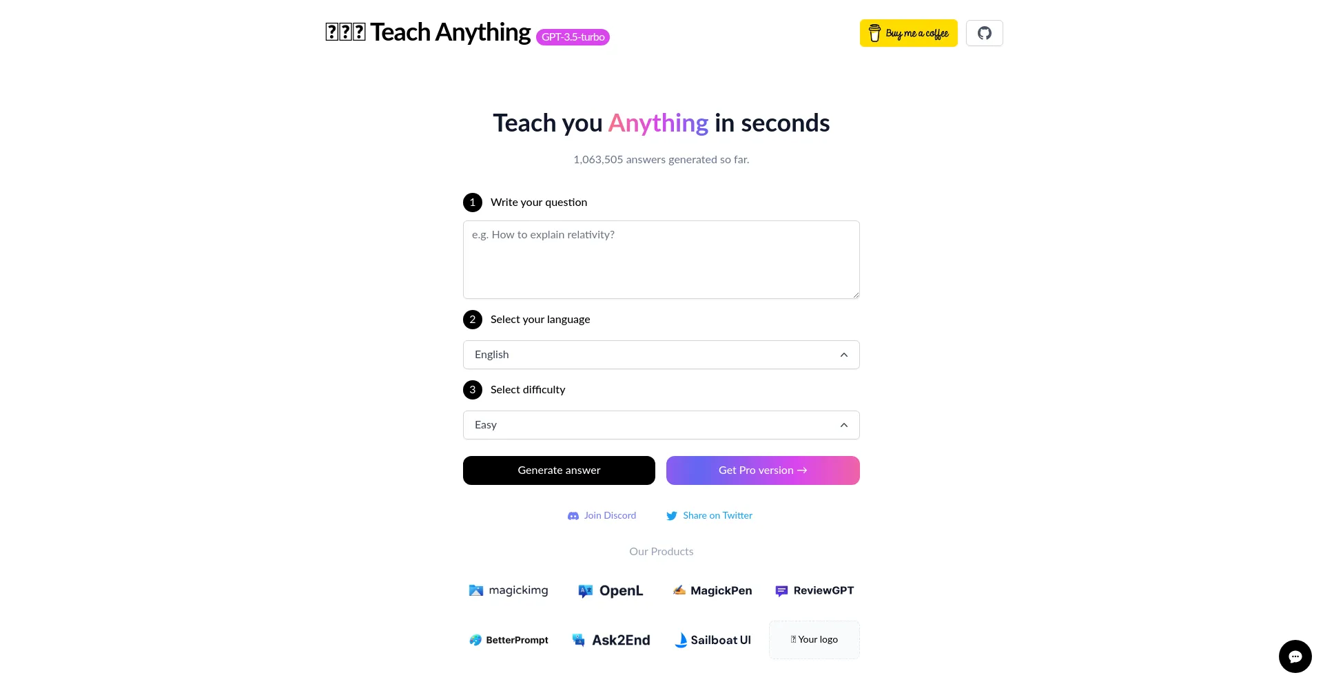 Website screenshot of Teach-anything.com