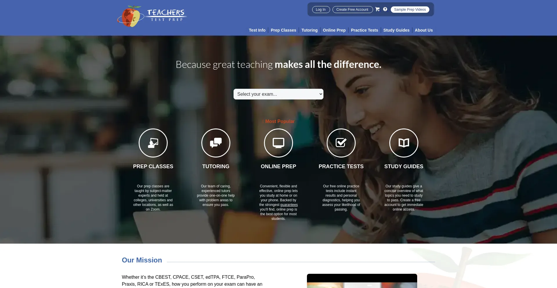 Website screenshot of Teacherstestprep.com