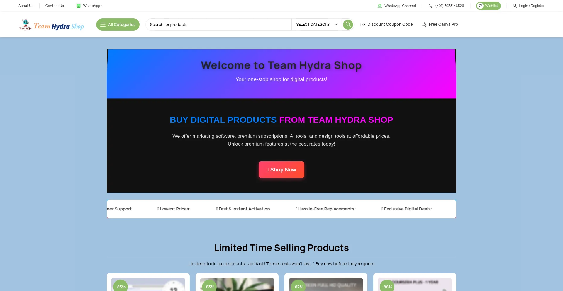 Website screenshot of Teamhydrashop.com
