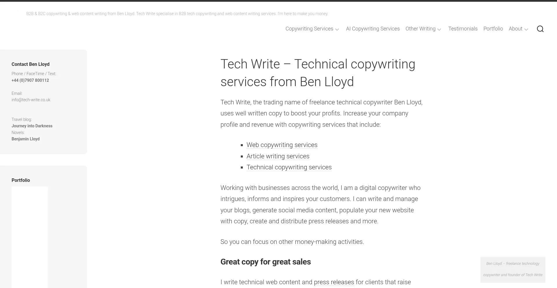 Website screenshot of Tech-write.co.uk
