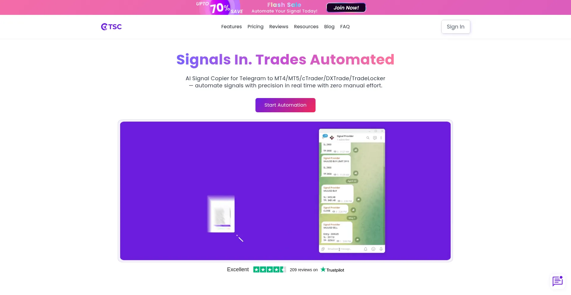 Website screenshot of Telegramsignalcopier.com