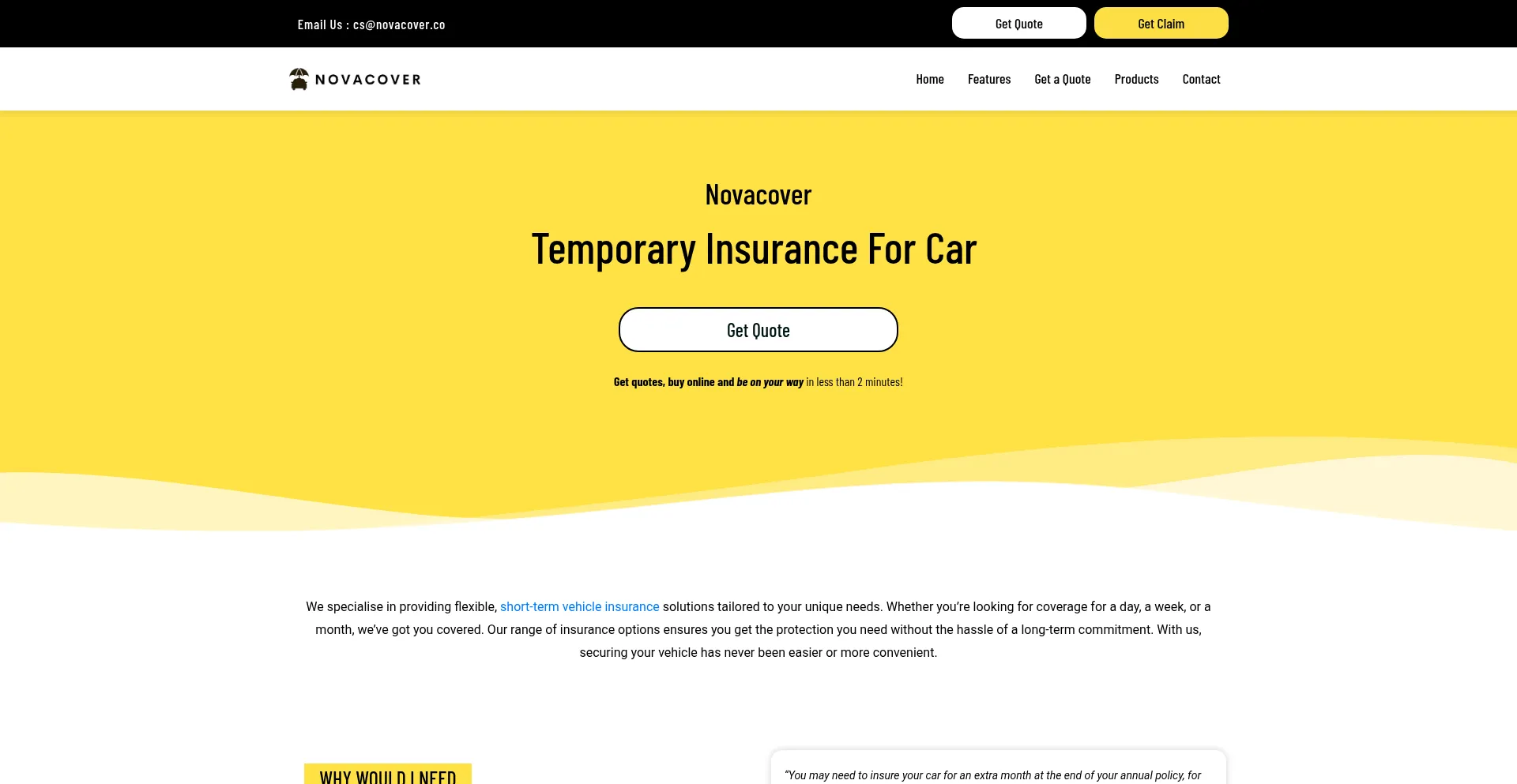 Website screenshot of Tempcovernow.co