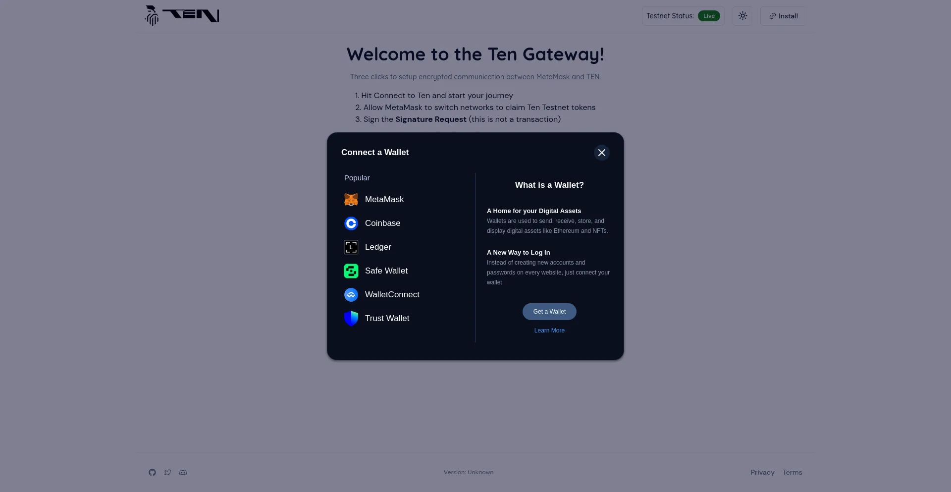 Website screenshot of Ten-testnet.pages.dev