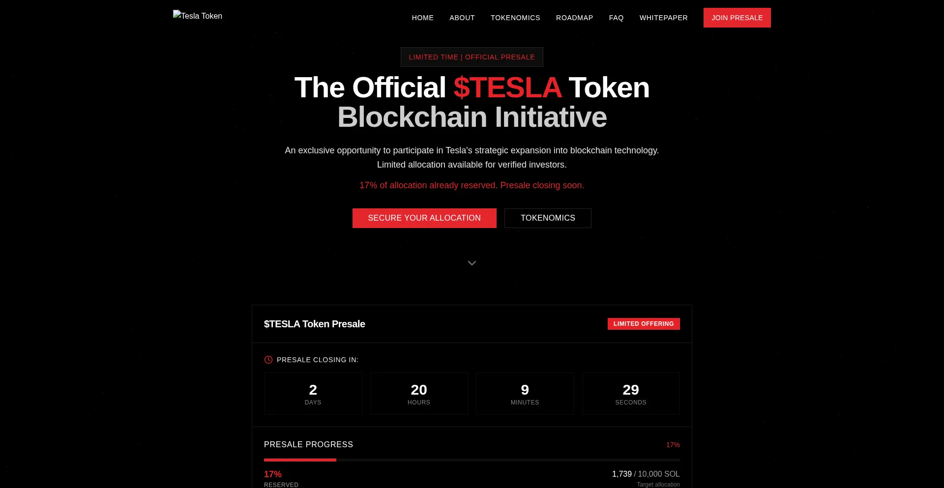 Website screenshot of Teslasolana.com