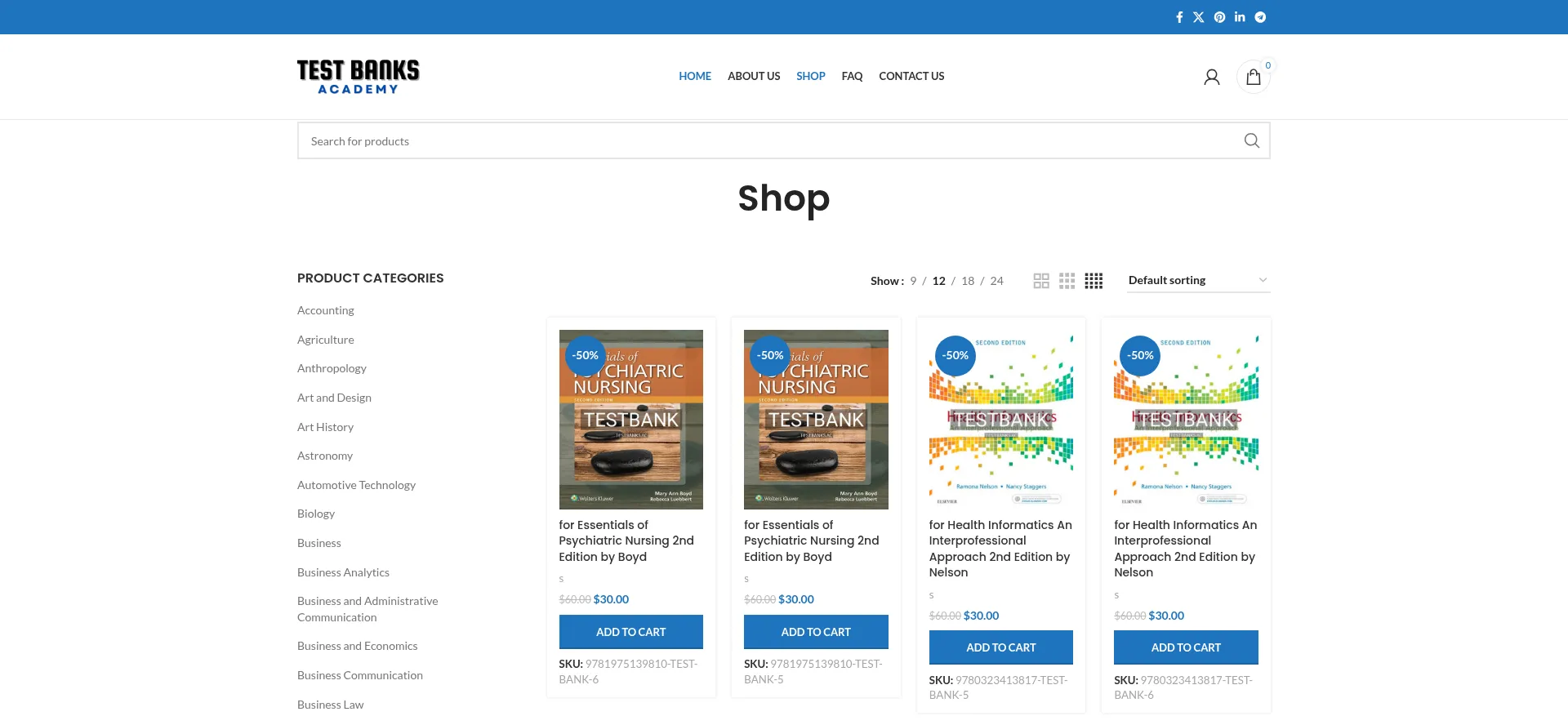 Website screenshot of Testbanks.ac