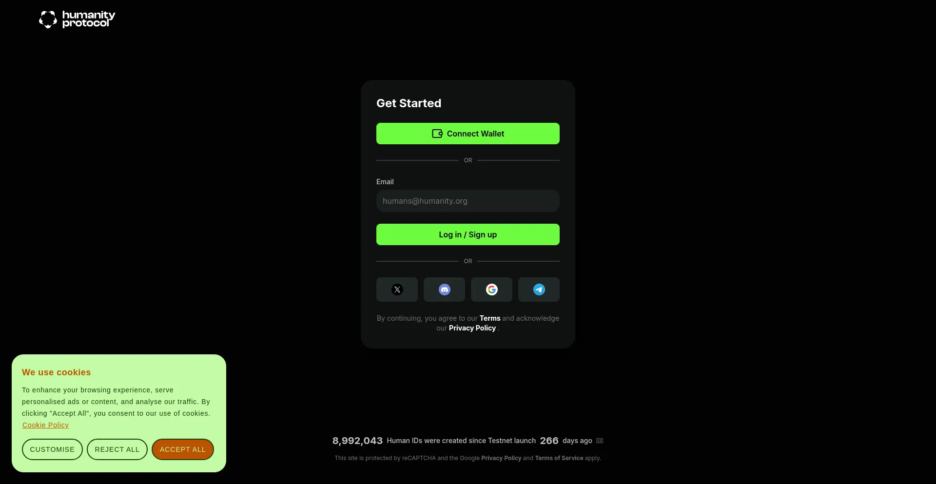 Website screenshot of Testnet.humanitiye.xyz