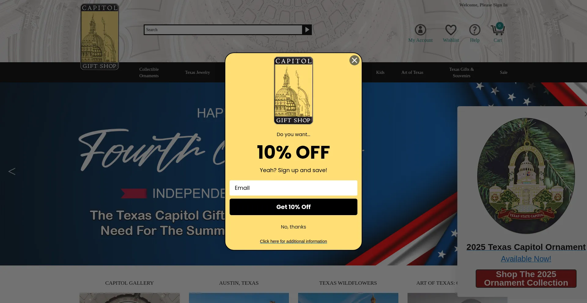 Website screenshot of Texascapitolgiftshop.com