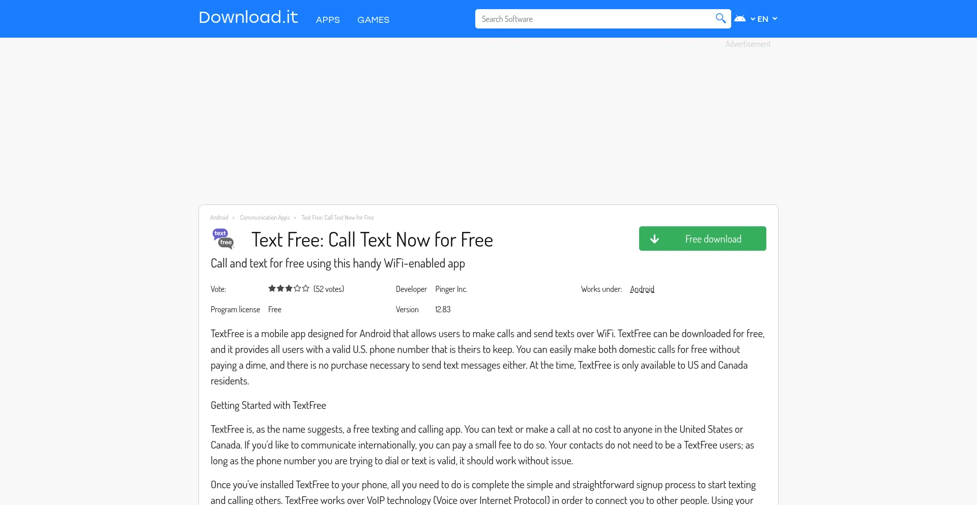Website screenshot of Text-free-free-text-calls.en.download.it