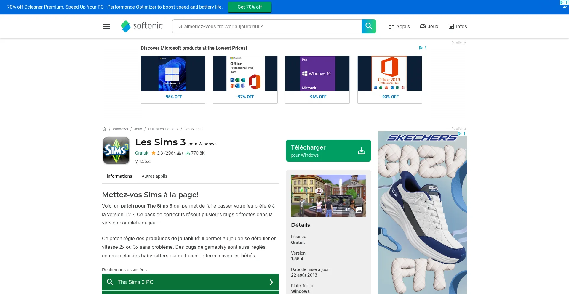 Website screenshot of The-sims-3.fr.softonic.com