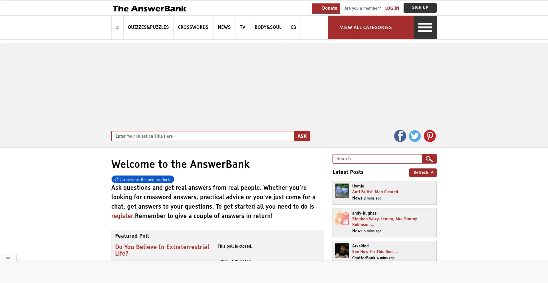 Website screenshot of Theanswerbank.co.uk