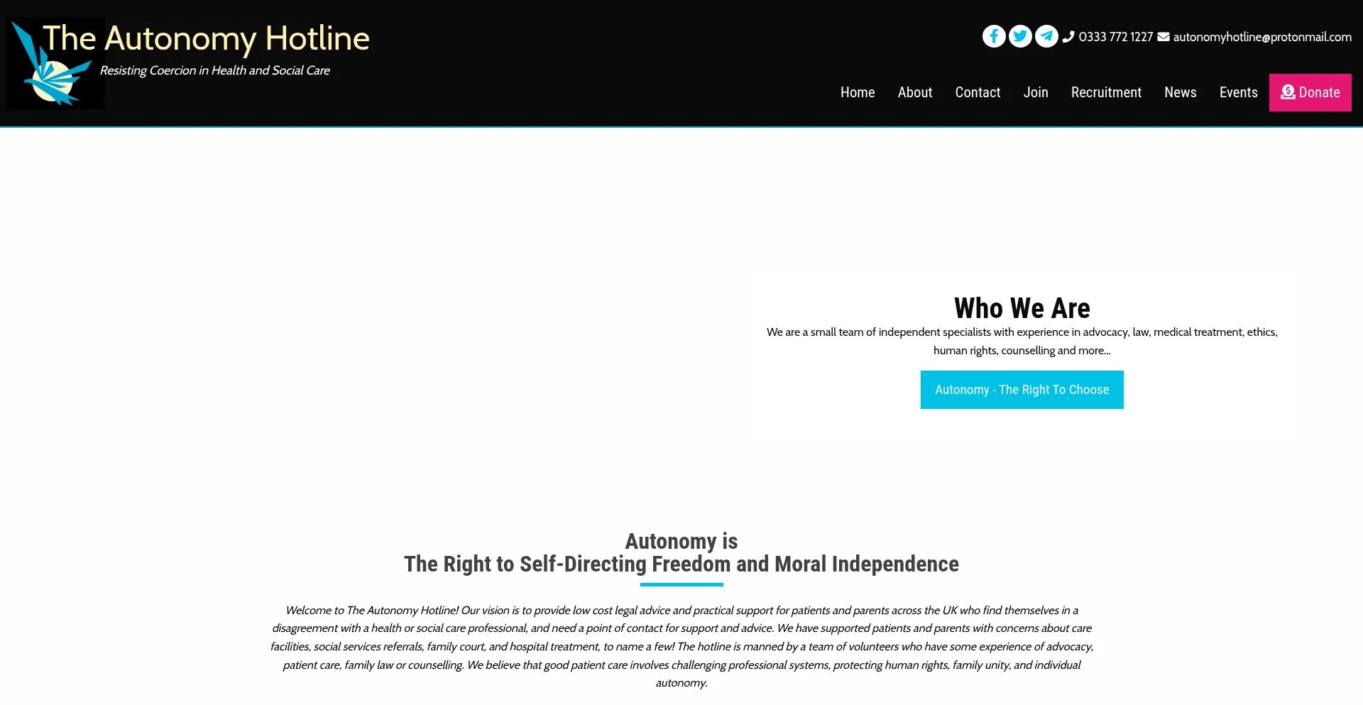 Website screenshot of Theautonomyhotline.org