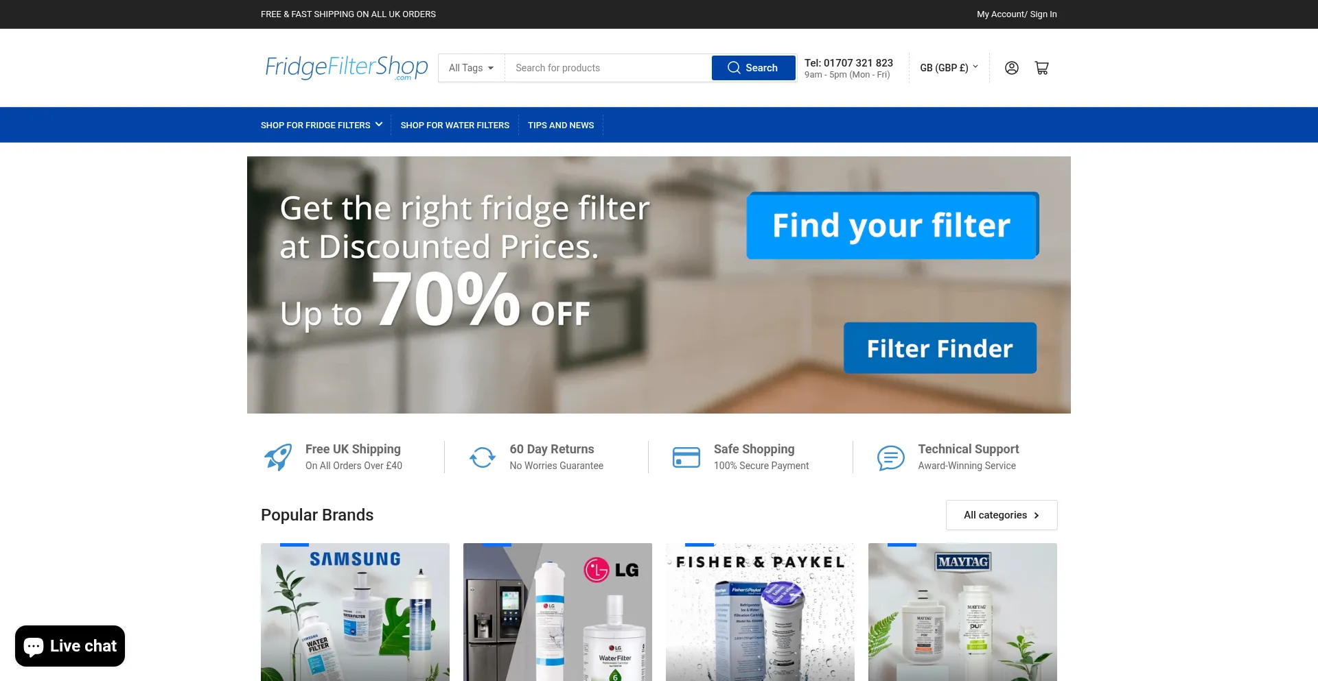 Website screenshot of Thefridgefiltershop.com