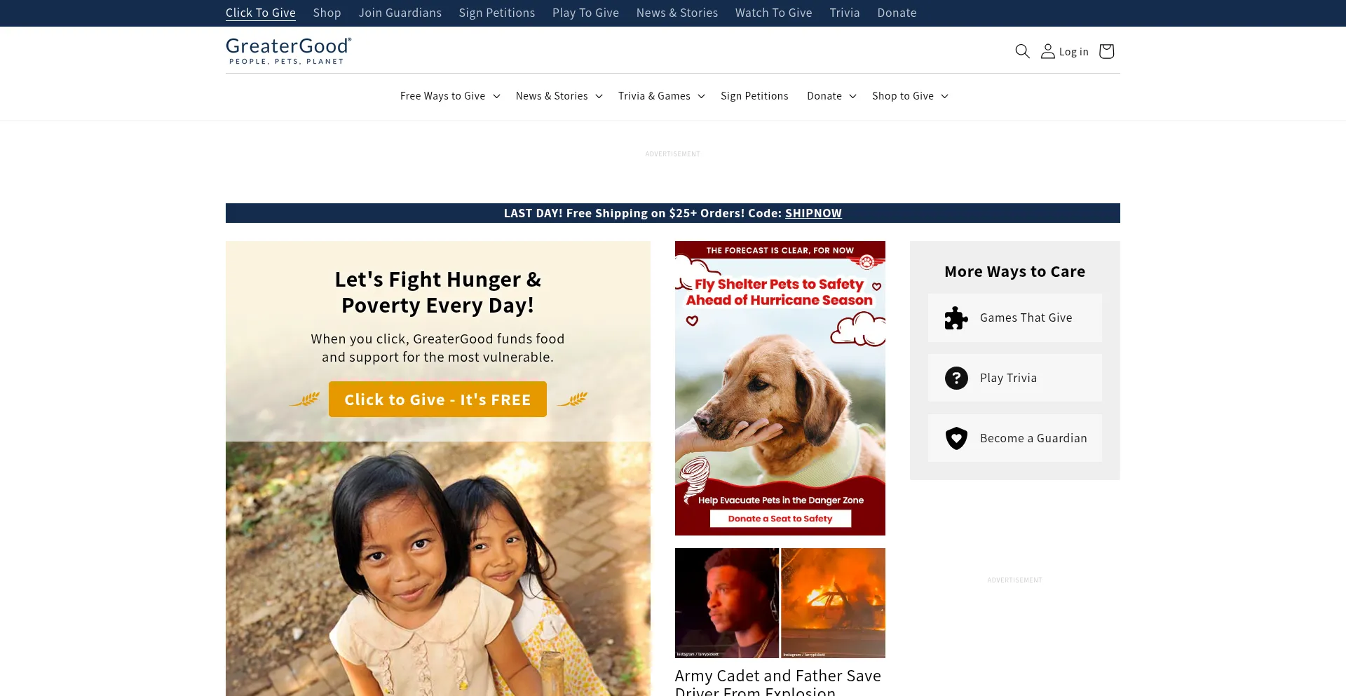 Website screenshot of Thehungersite.greatergood.com