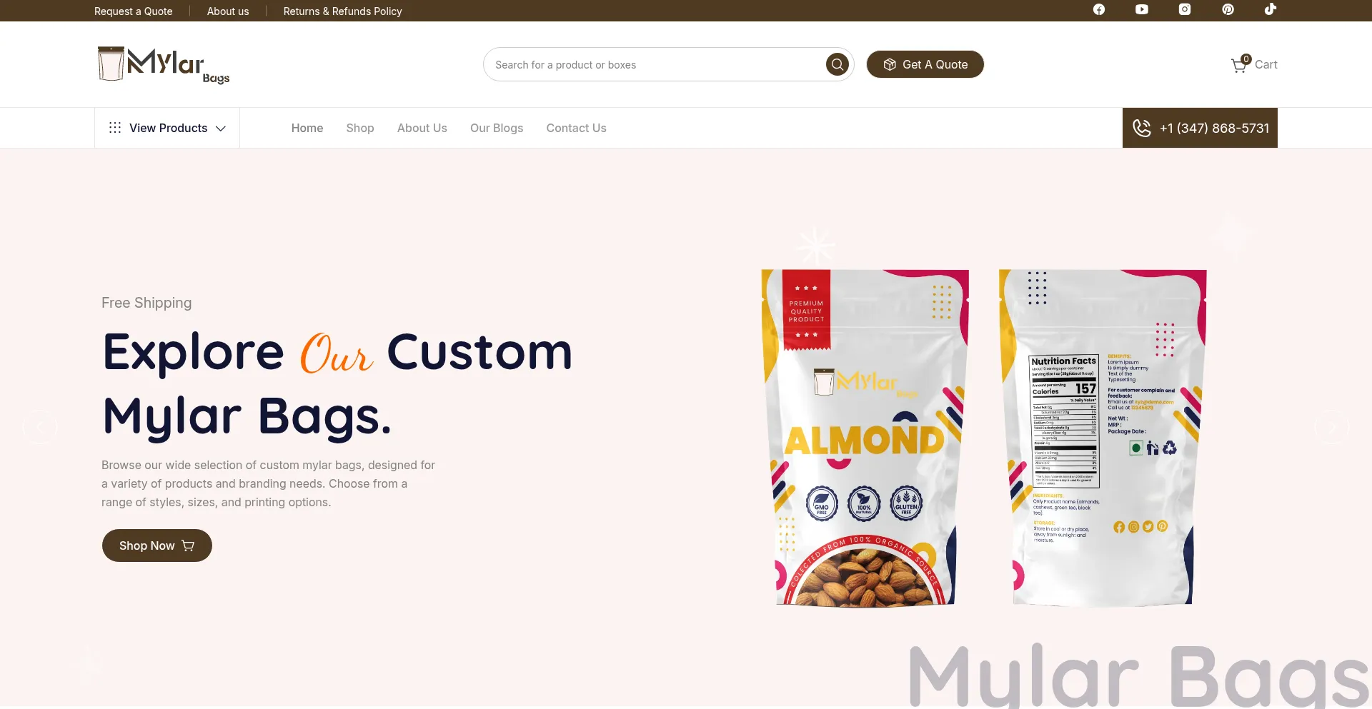 Website screenshot of Themylarbags.com