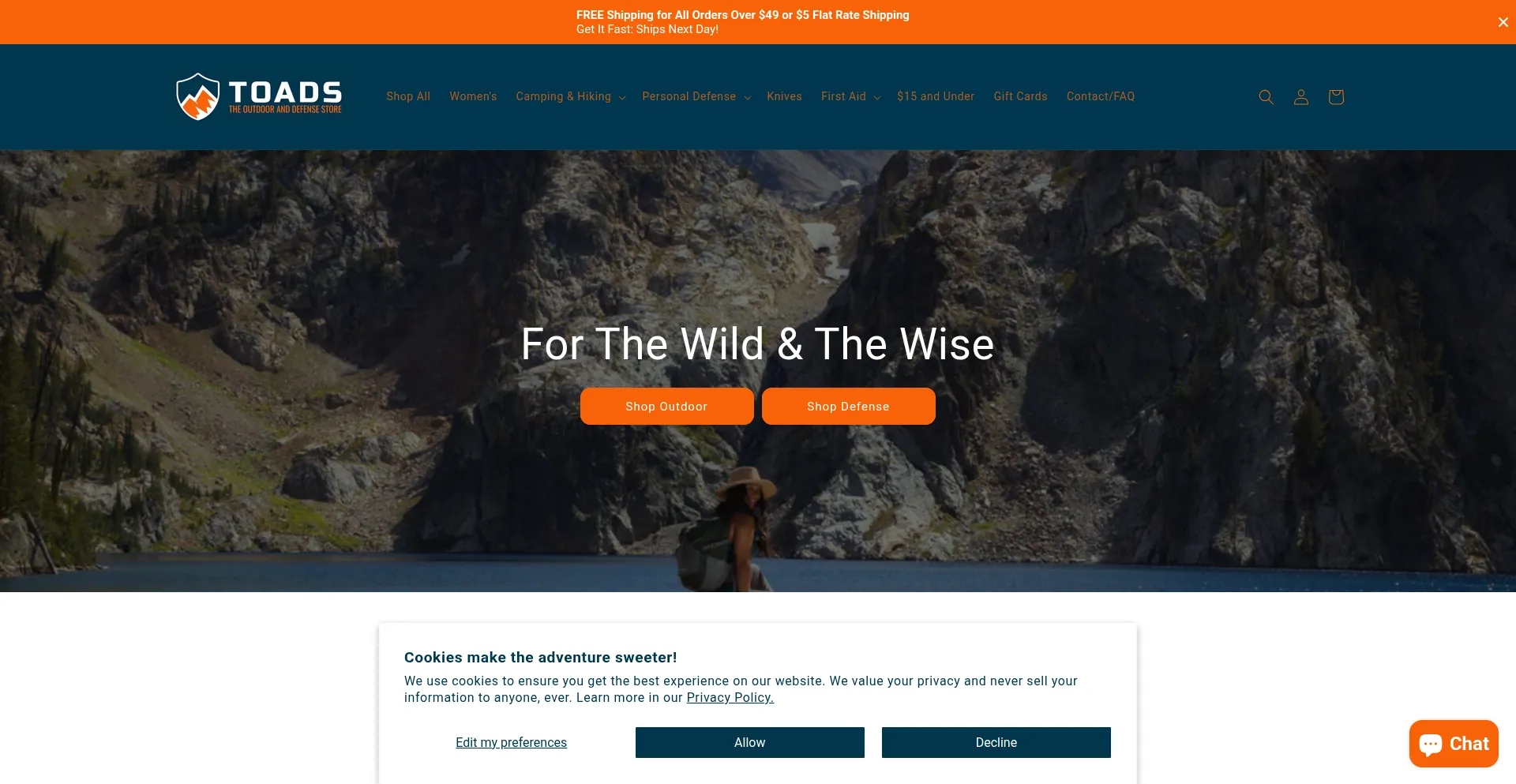 Website screenshot of Theoutdooranddefensestore.com