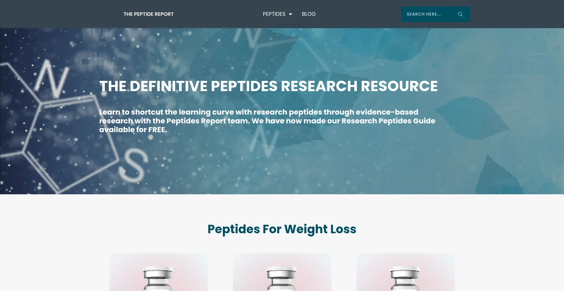 Website screenshot of Thepeptidereport.com