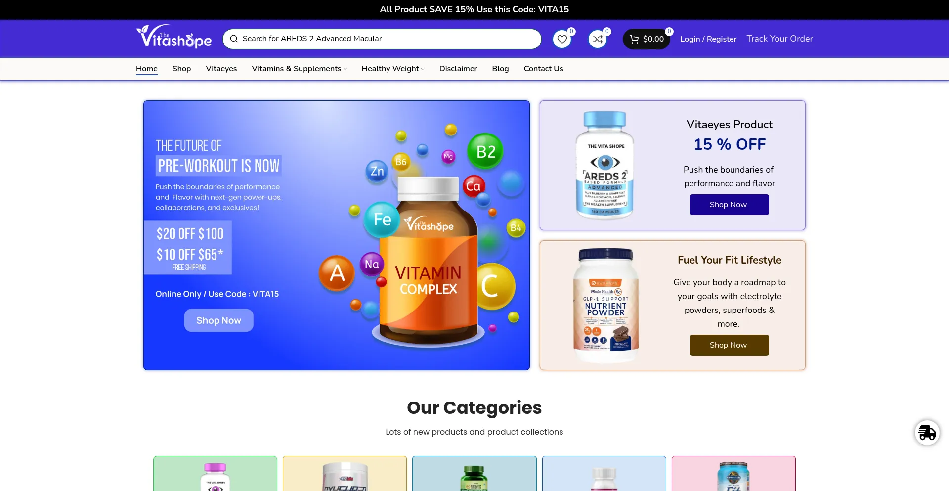 Website screenshot of Thevitashope.com