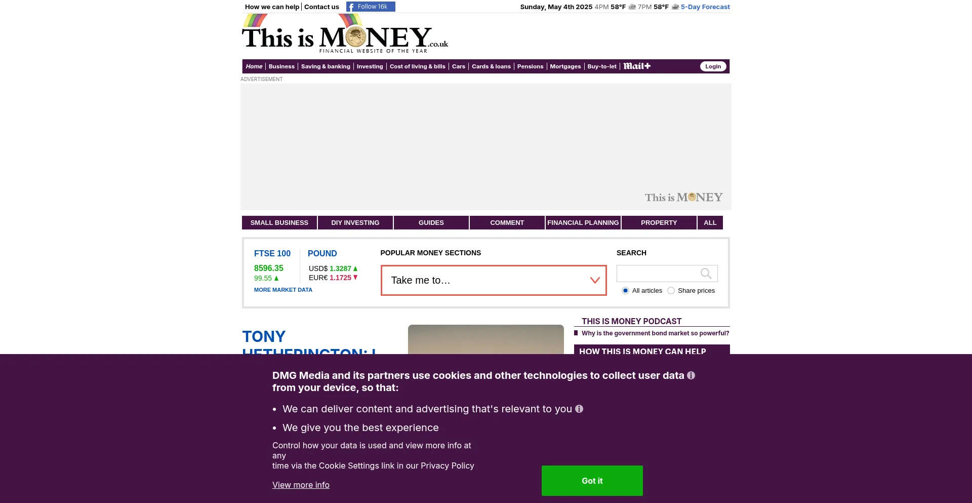 Website screenshot of Thisismoney.co.uk