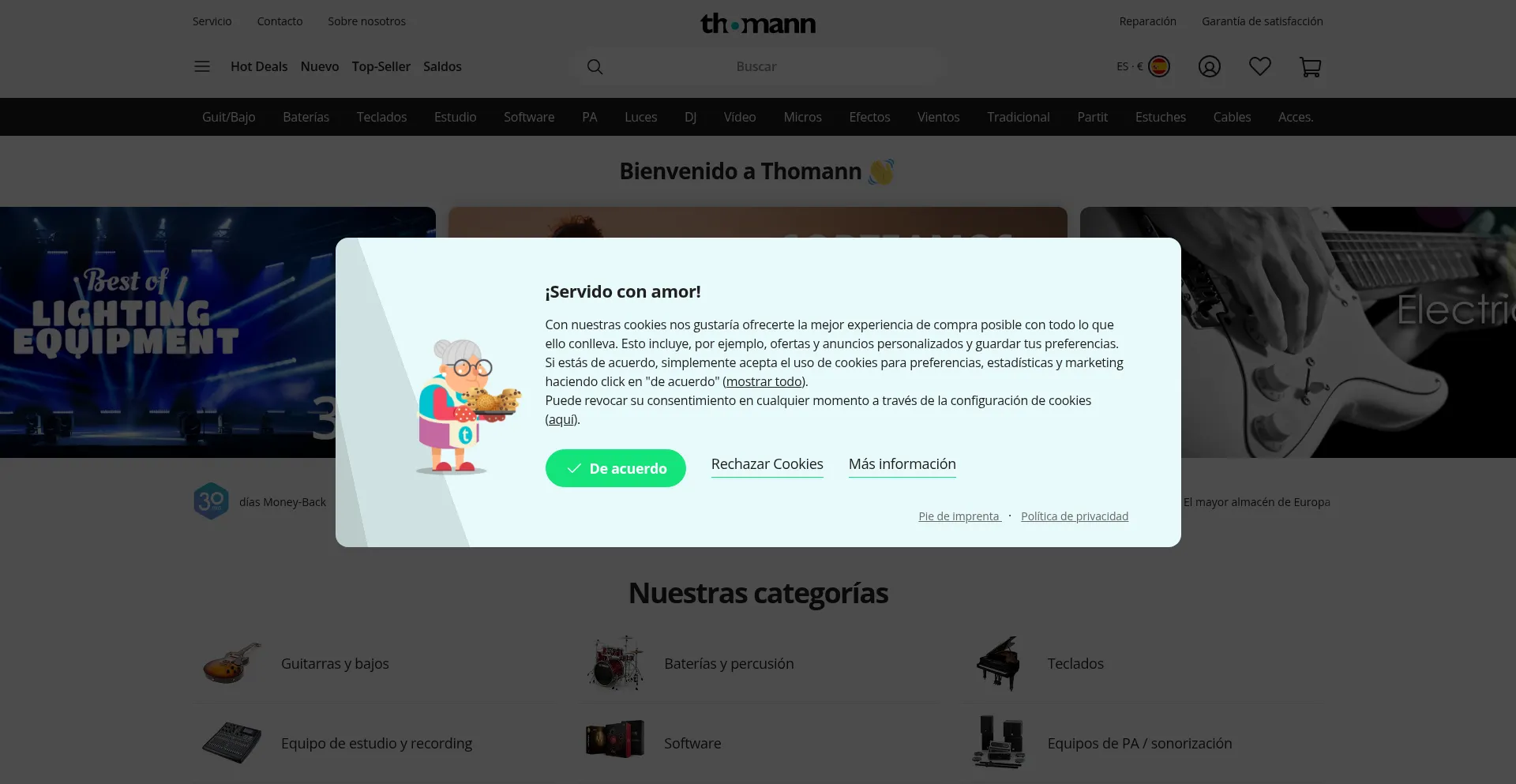 Website screenshot of Thomann.es