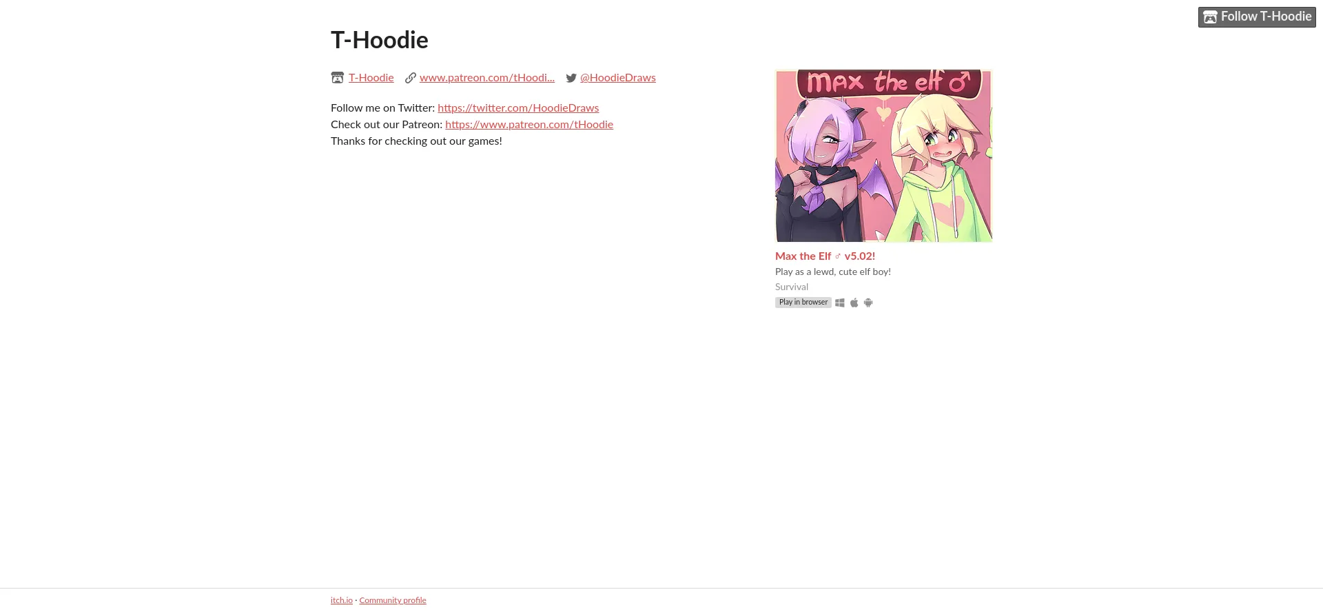 Website screenshot of Thoodie-draws.itch.io