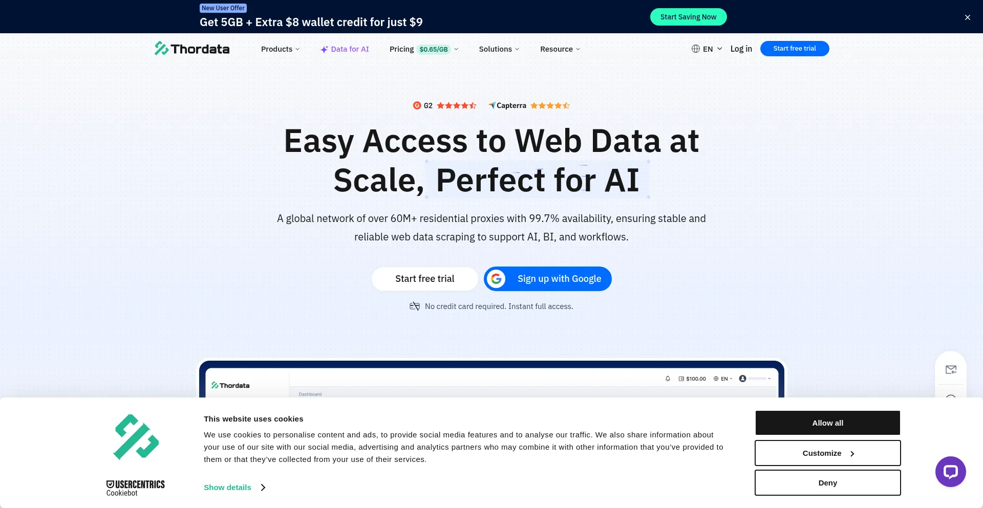 Website screenshot of Thordata.com
