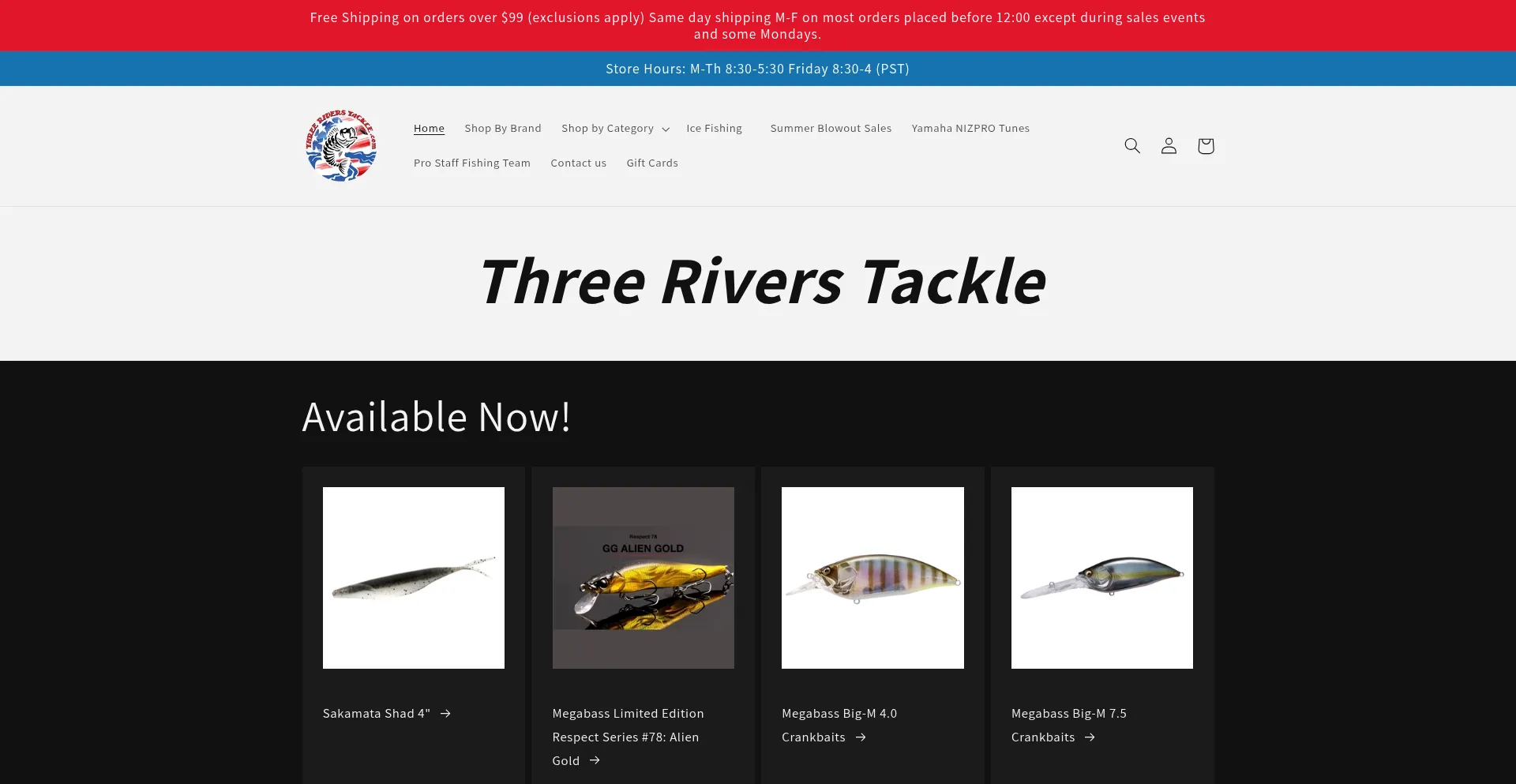 Website screenshot of Threeriverstackle.com