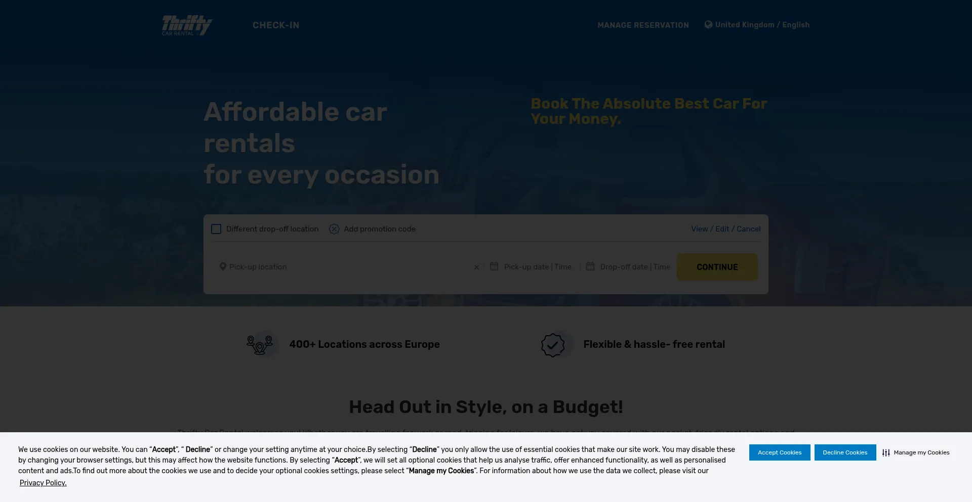 Website screenshot of Thriftycars4rent.com