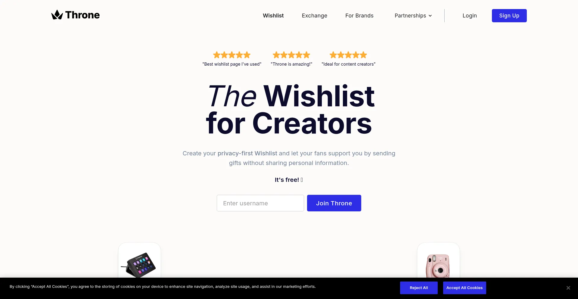 Website screenshot of Throne.com