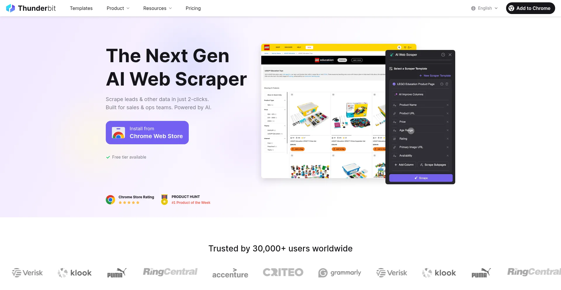 Website screenshot of Thunderbit.com