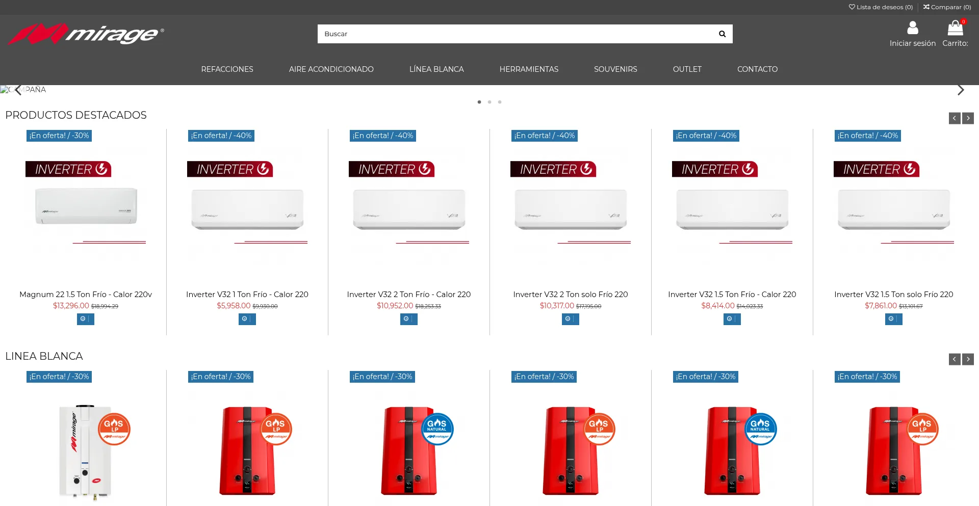 Website screenshot of Tiendamirage.mx