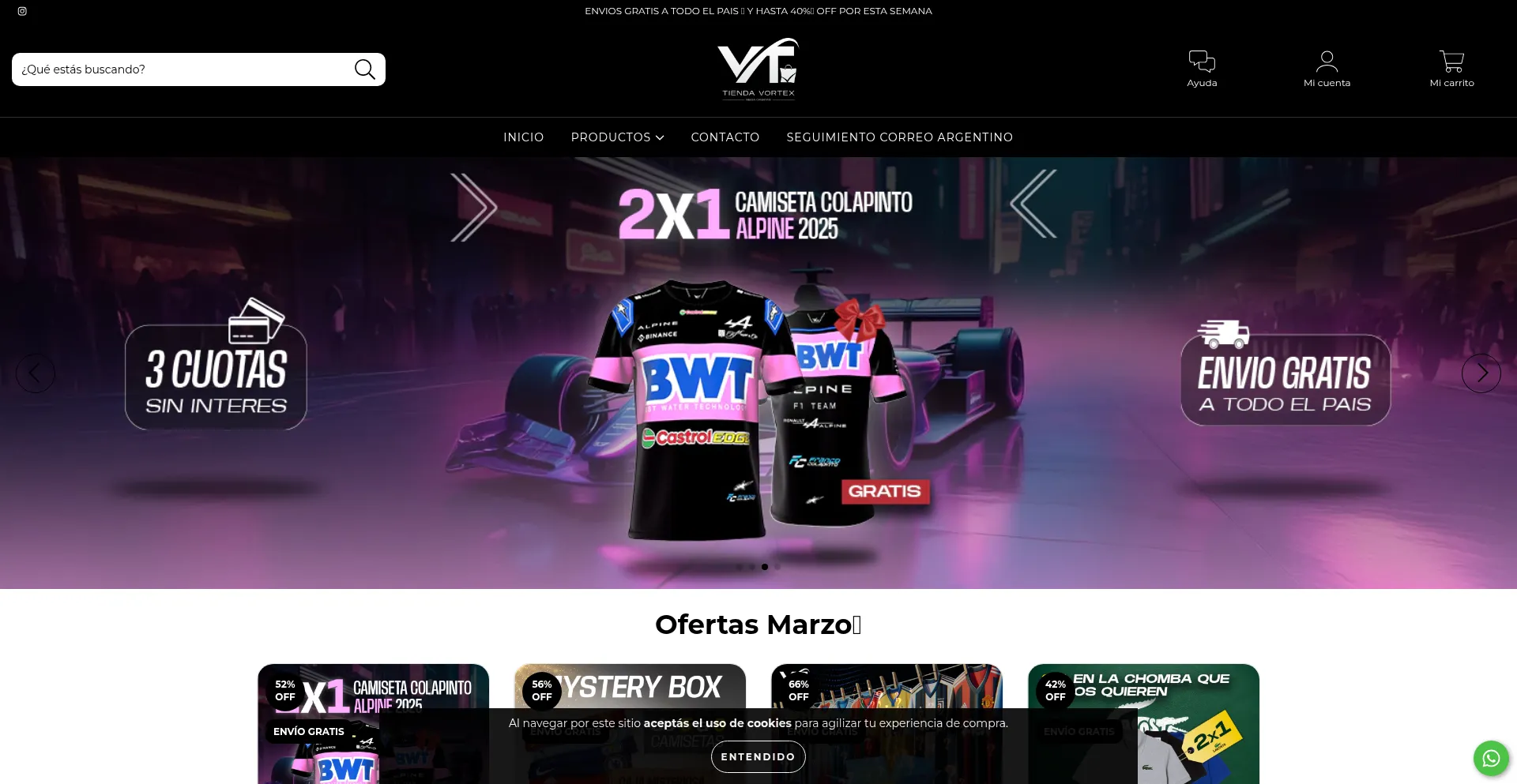 Website screenshot of Tiendavortex.com.ar