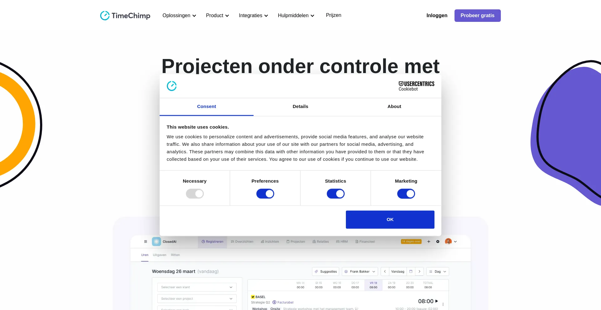 Website screenshot of Timechimp.com