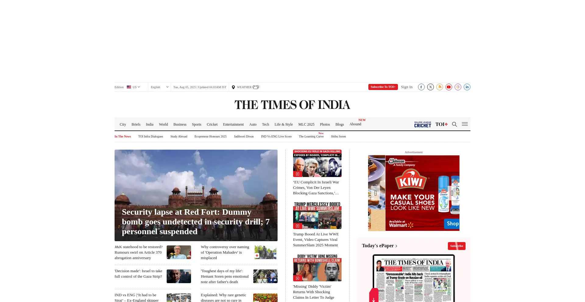 Website screenshot of Timesofindia.com