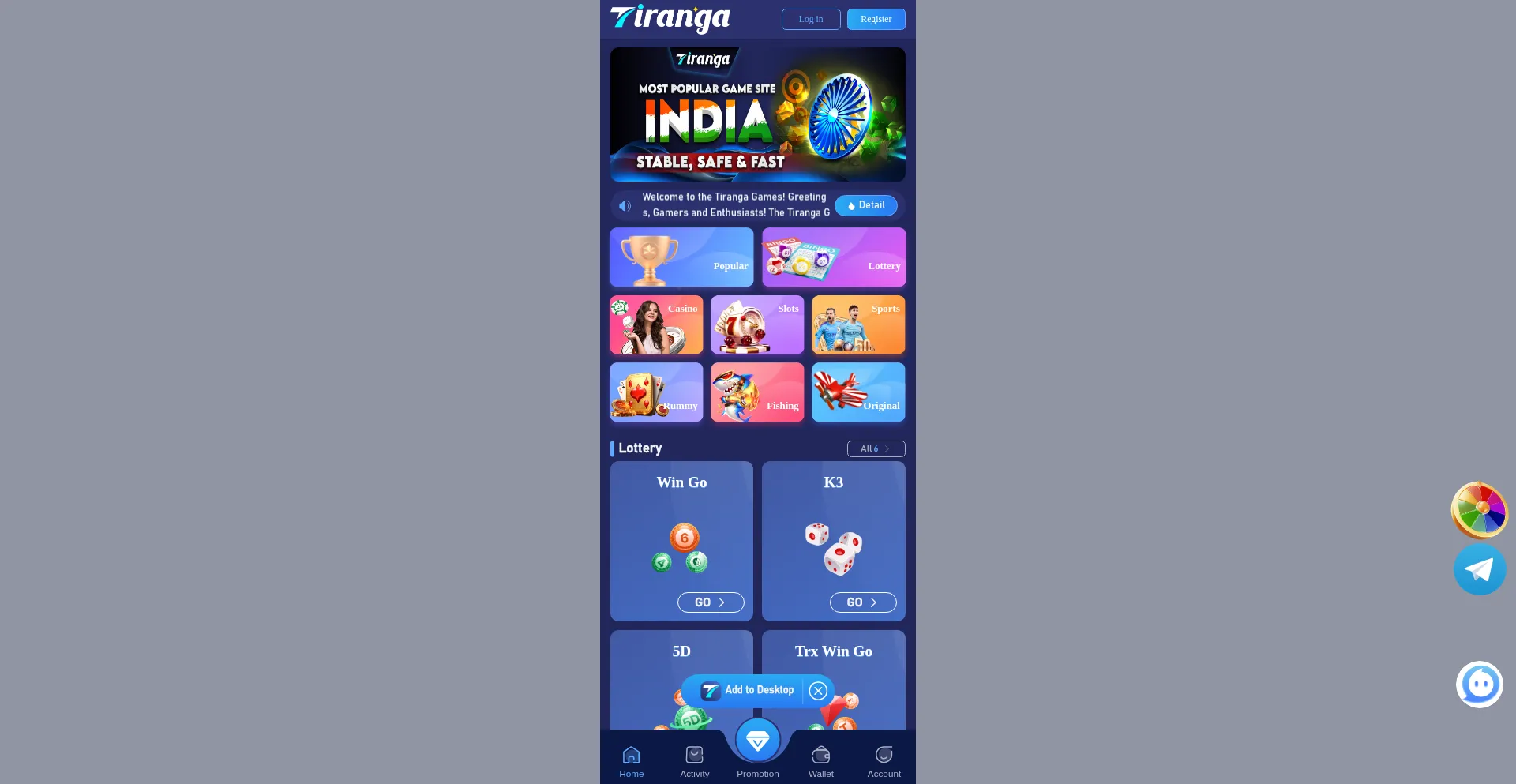 Website screenshot of Tirangagame.top
