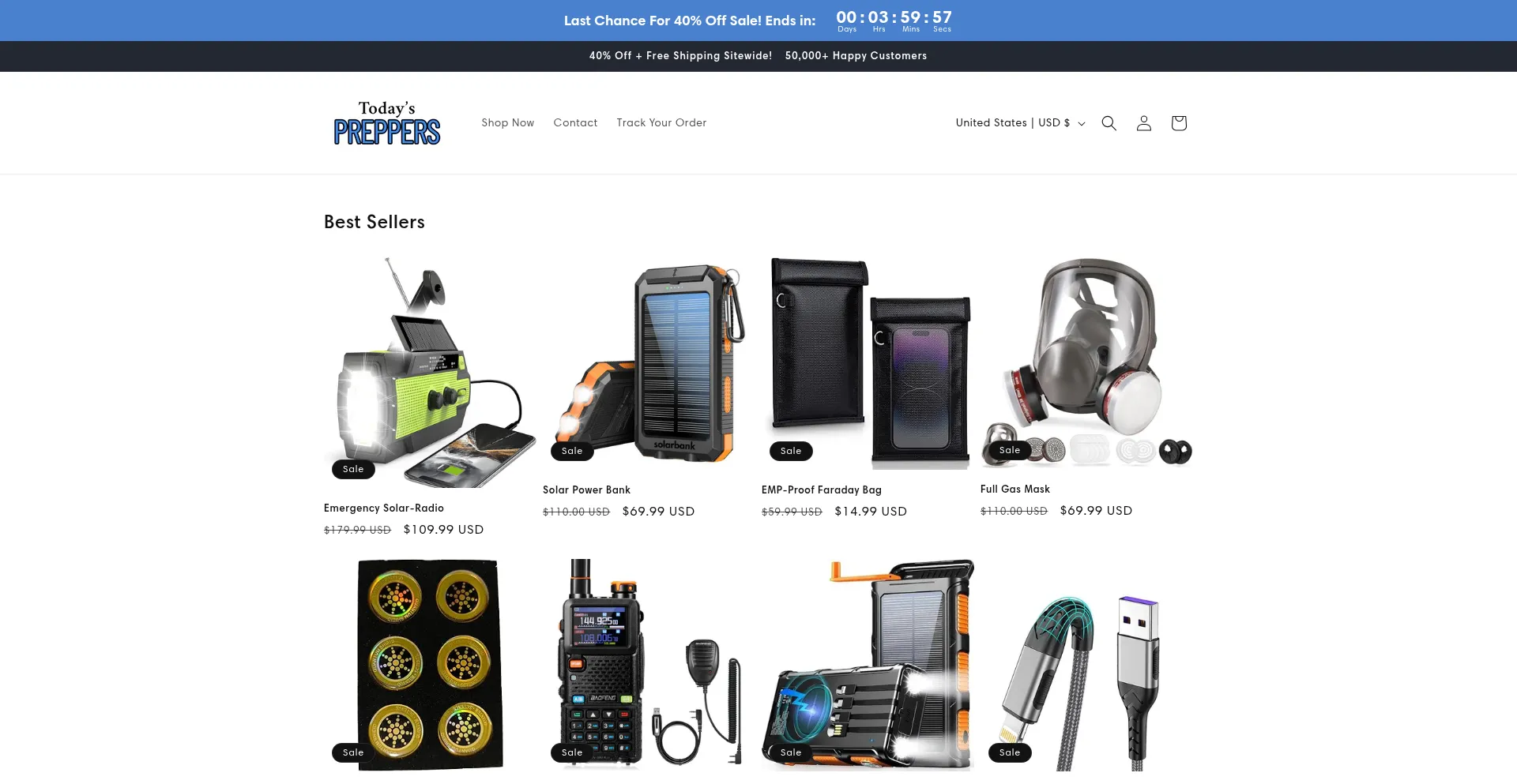 Website screenshot of Todayspreppers.shop