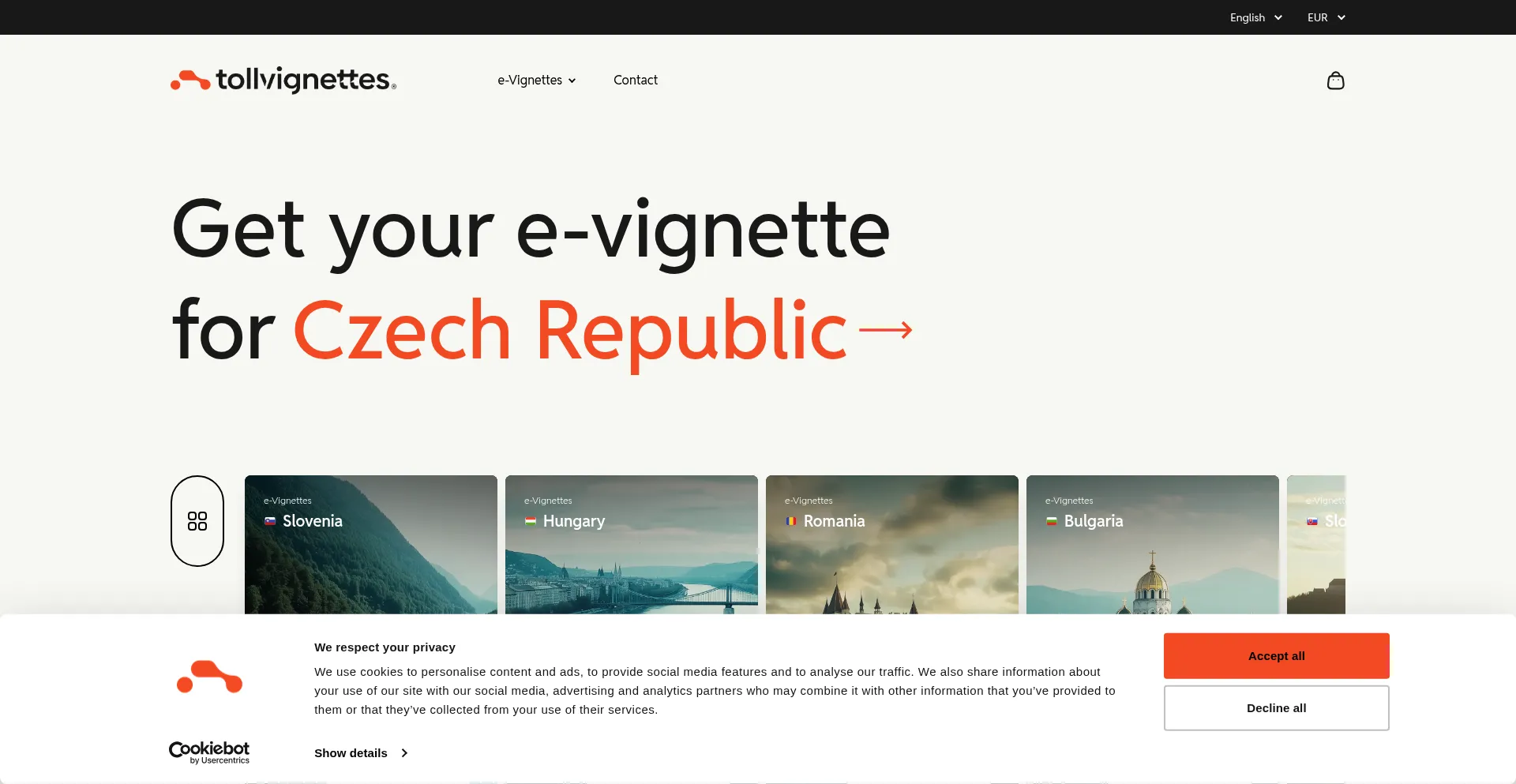 Website screenshot of Tollvignettes.eu